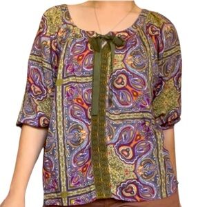 One World Scoop Neck Peasant Blouse Paisley Print